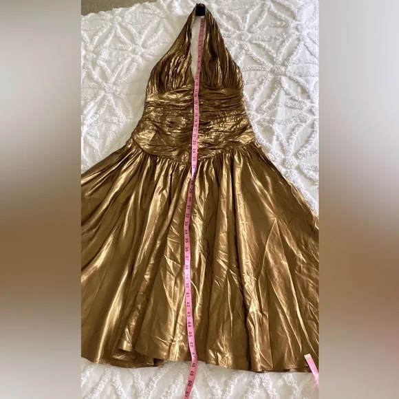 Vintage Eletra Casadei Gold Lame’ Halter Top Midi Length Disco Party Dress Small